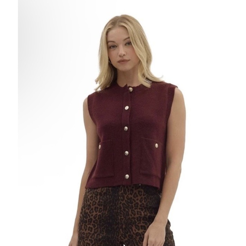 ENTRO Women's Wine Sweater Vest L Pockets Gold Buttons Quiet Luxury Old Money